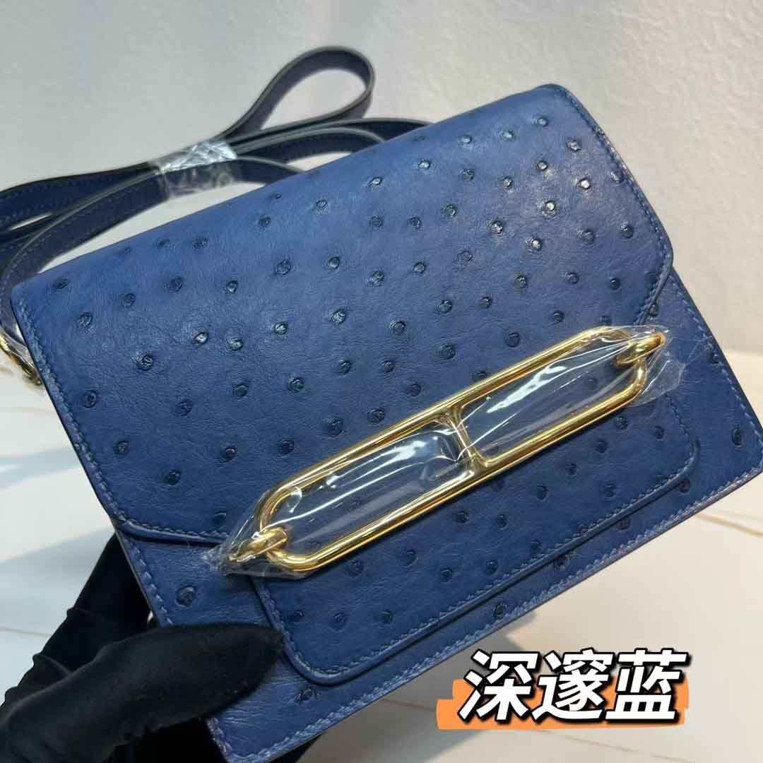 鸵鸟皮猪鼻子女包深邃蓝与灰绿色