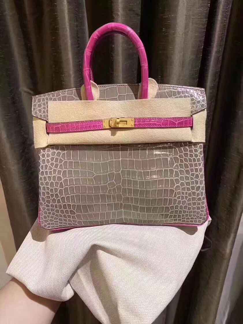 斑鸠灰拼桃红女手提包