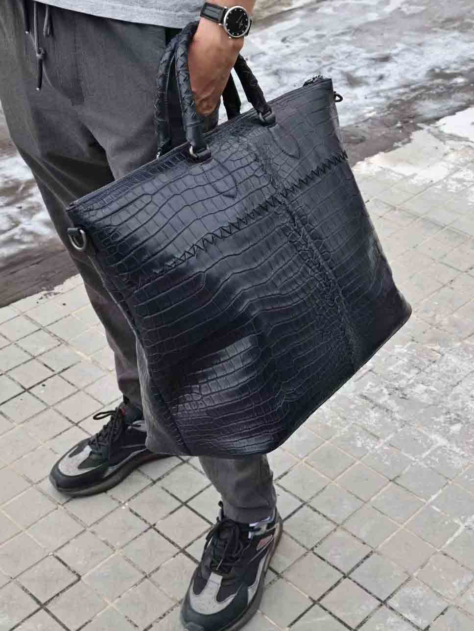 深蓝色水染湾鳄手提袋